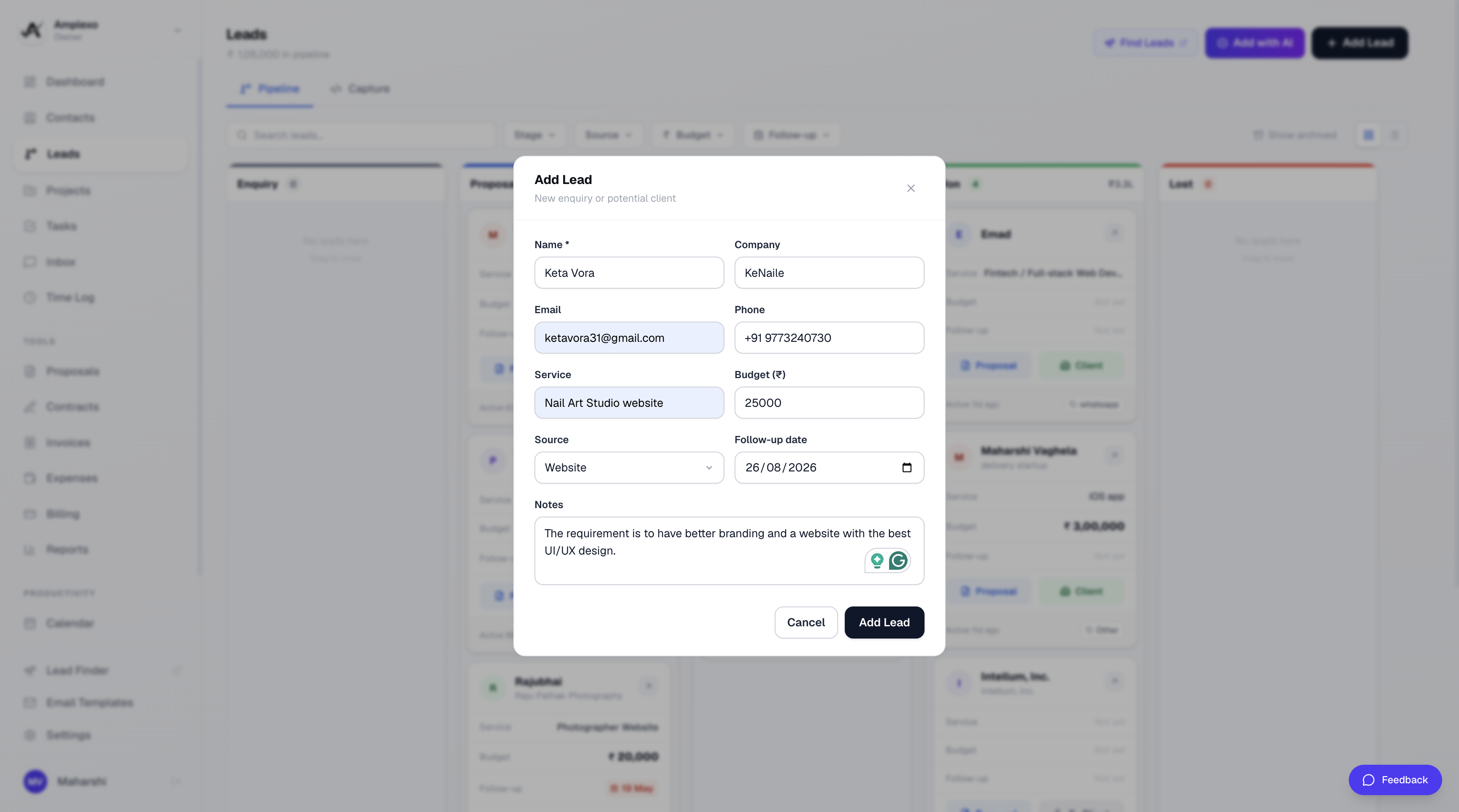 Add lead modal