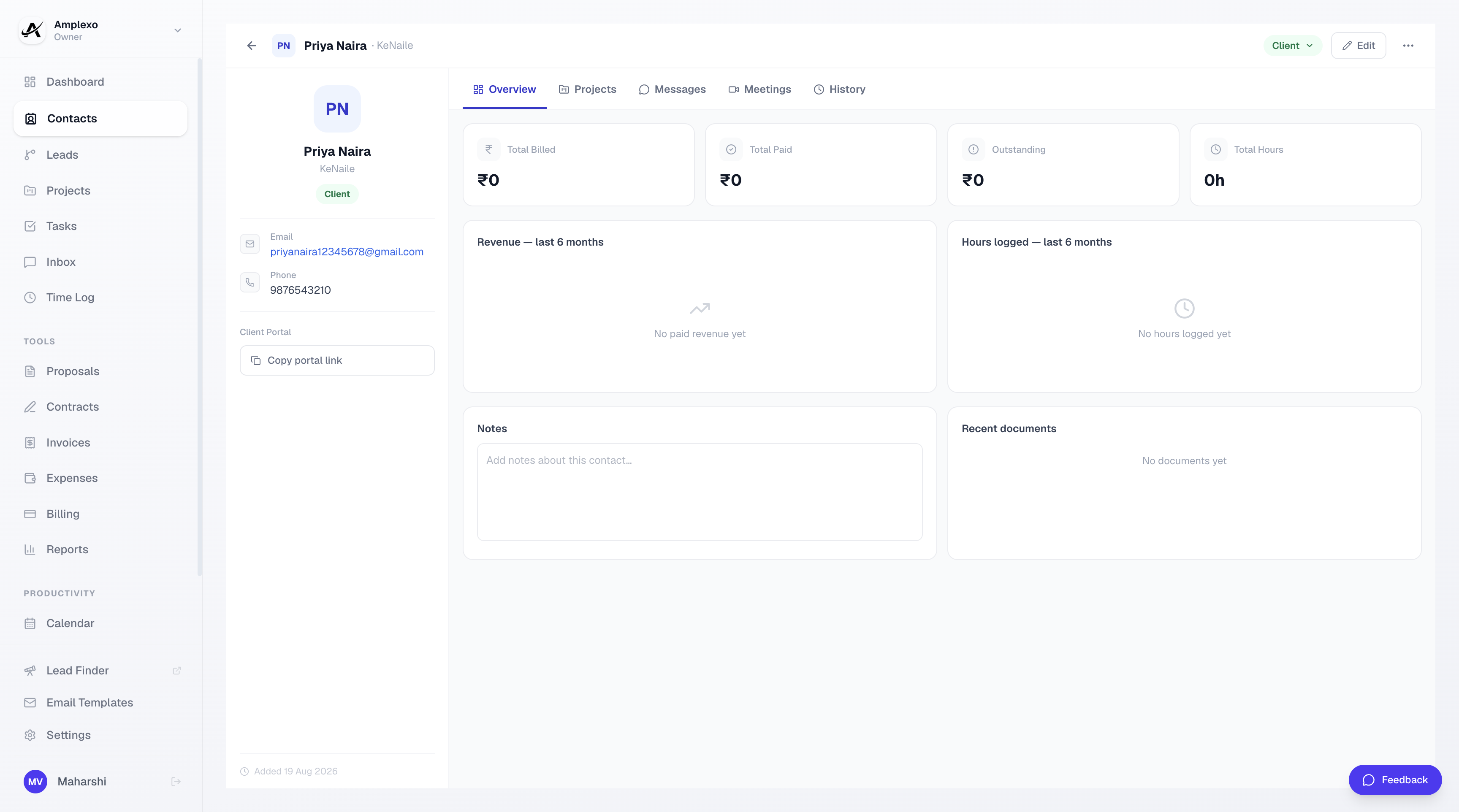 Client page in the app