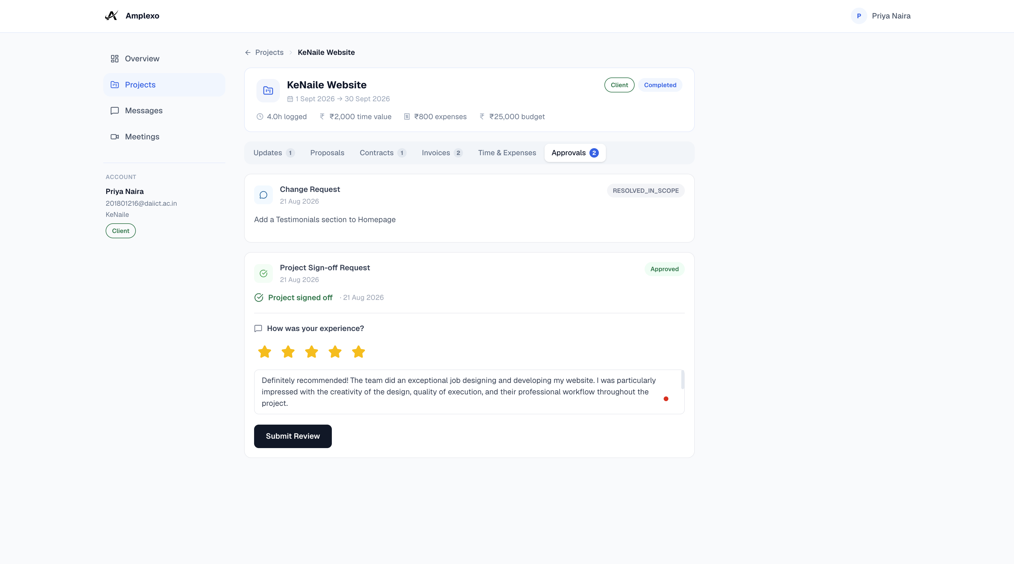 Client adding a review in portal