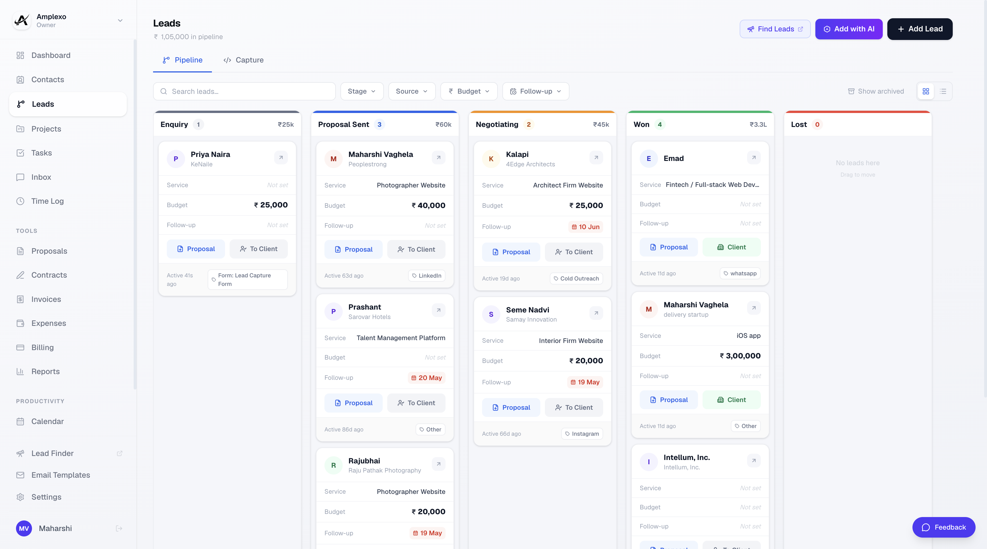 Lead in kanban pipeline