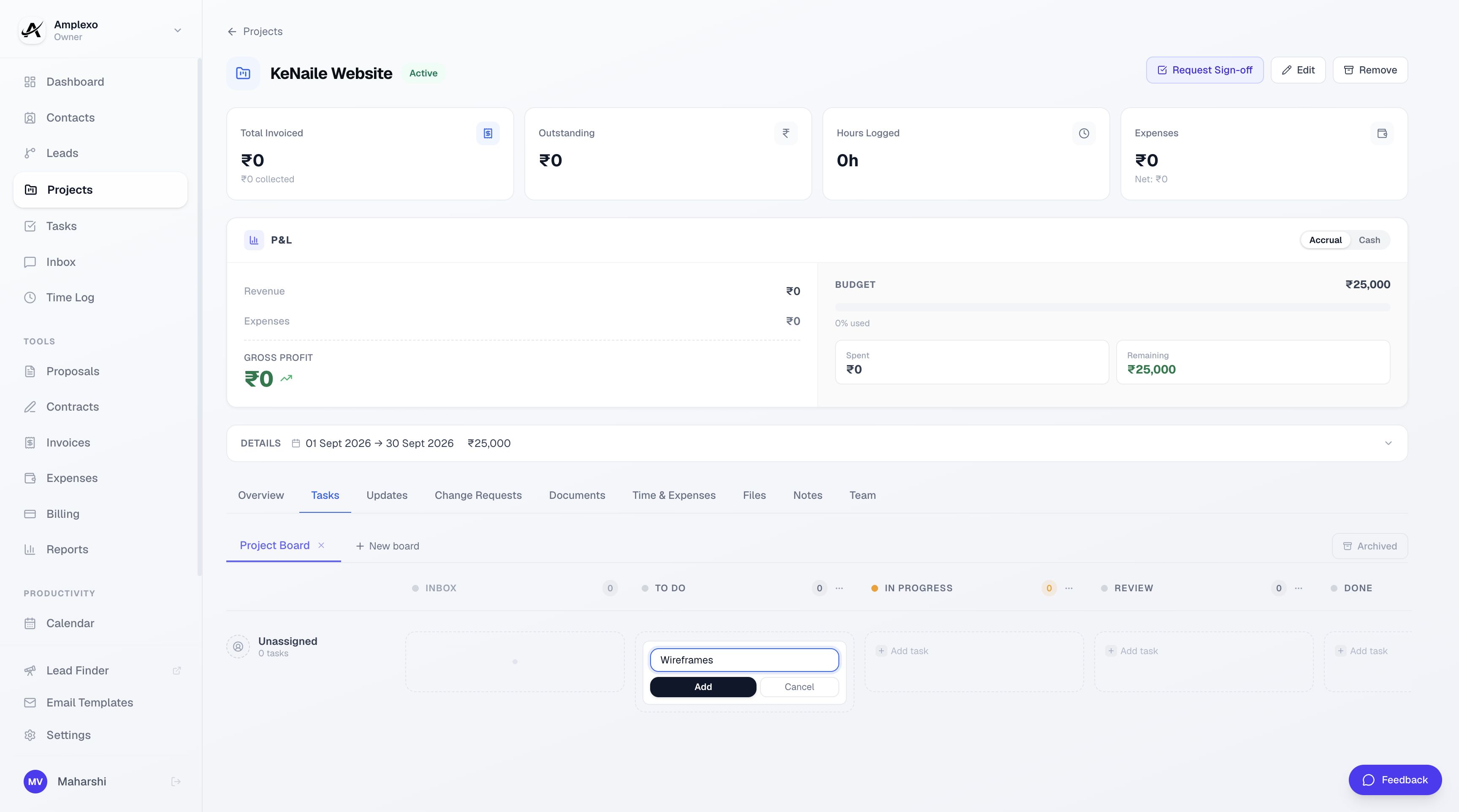 Add task to project board