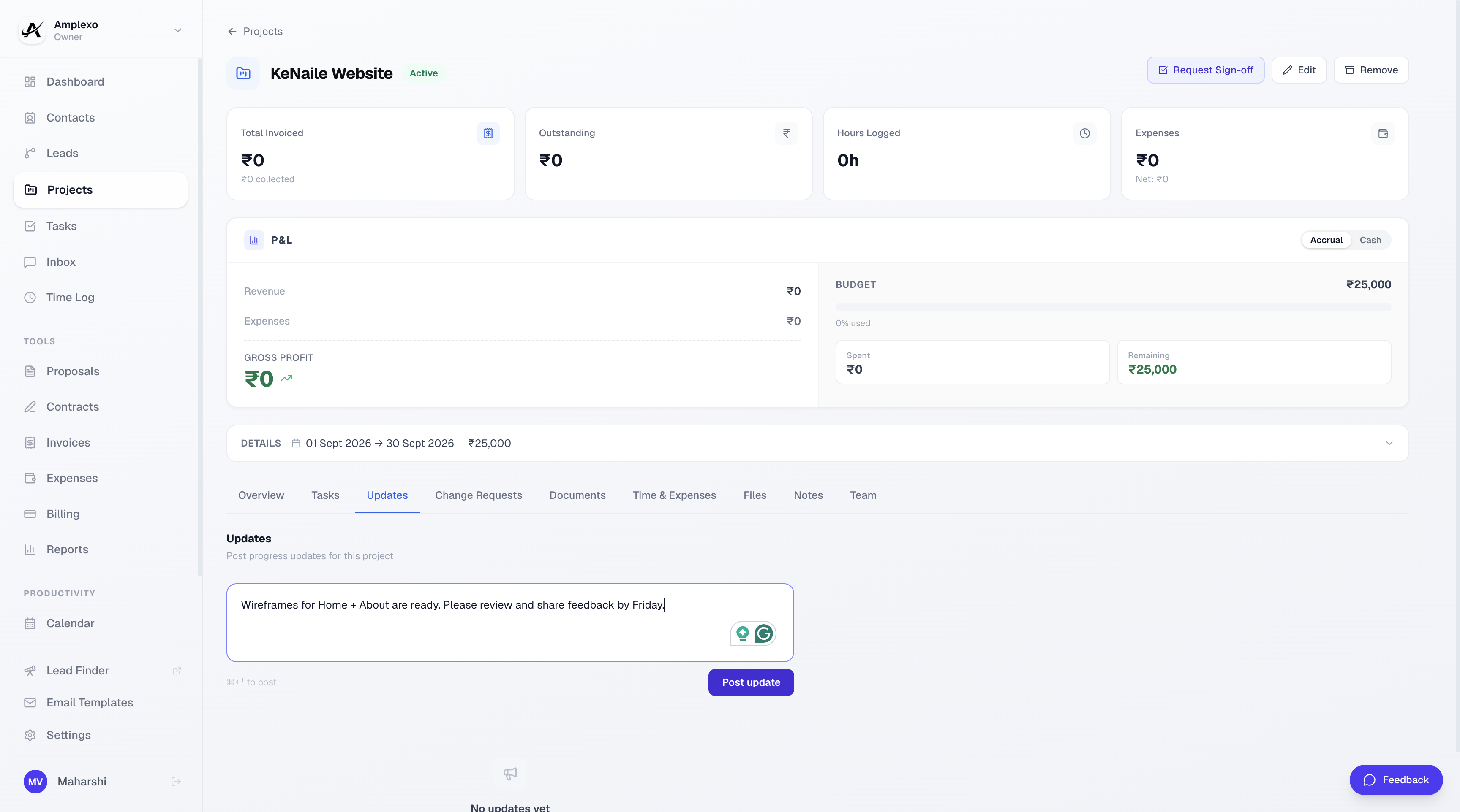 Post project update to client