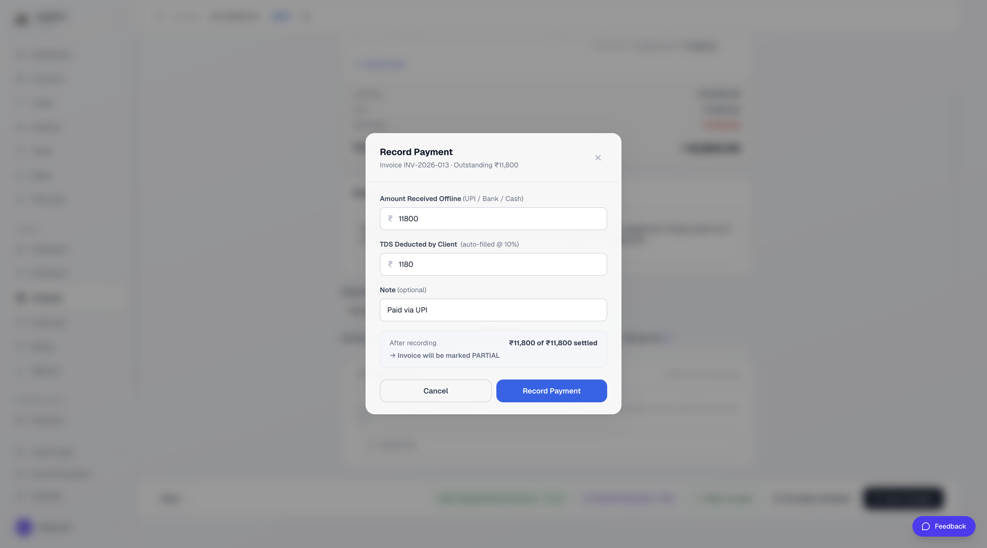 Record payment in app